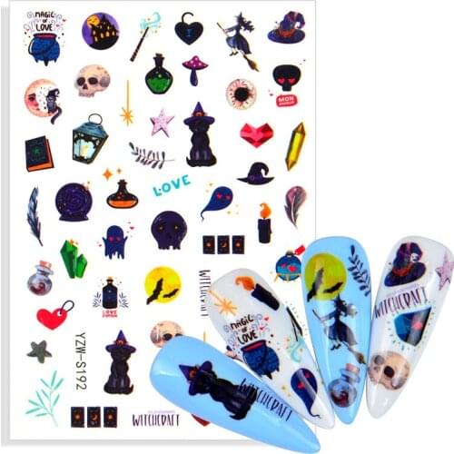 Adhesive Sticker For Nail Art Decoration Skull Witch With Rose Flower Anime Cross Crow Cat Bone Design Decal Lacquer Accessoire