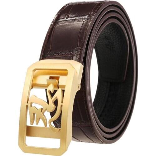 Men Chinese Characters Bear Patiently Stainless Steel Automatic Buckle Cowskin Crocodile Grain Alligator Belt BCD071