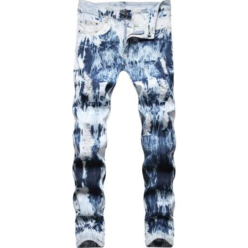 Men Tie Dye Snow Washed Denim Jeans Streetwear Holes Ripped Pants Light Blue Slim Straight Trousers
