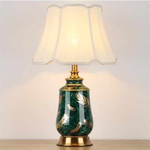 Modern Luxurious Green Gold Ceramic Table Lamp for Foyer Bed Room Study Decor Porcelain Fabric Desk Light 1929