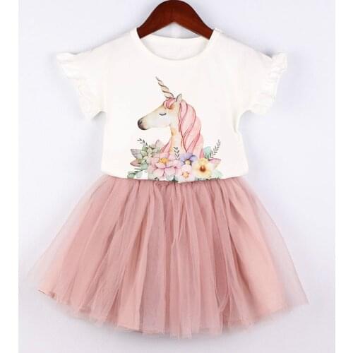 New Girls Clothing Set Kids White Cotton Horse Printed T-shirt with Peach Tulle Tutu Skirt 2PCs Outfit Fashion Children Clothes