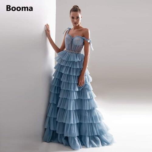 Booma Blue Tiered Tulle Prom Dresses Bow Tie Straps Ruffles Crystal Belt Maxi Prom Party Gowns A-Line Formal Evening Dresses