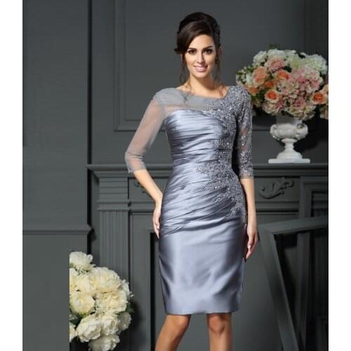 Hot Sale Short Silver Sheath Lace Applique Mother of the Bride Dresses With Three Quarter Sleeve Pleated Wedding Guest Dress