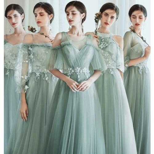 Rode De Soriee New Dusty Green Elegant Bridesmaid Dress Long Mismatched Lace Flower Grey Blush Pink Tulle Bridesmaid Party Gown