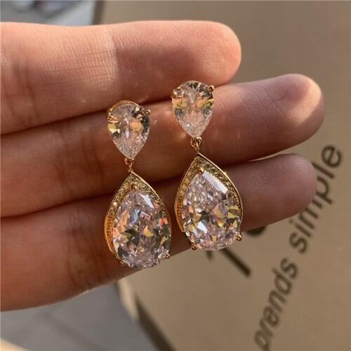 Luxury Female Crystal Stone Earrings Rose Gold Silver Color Dangle Earrings For Women Vintage Geometric Drop Wedding Earrings