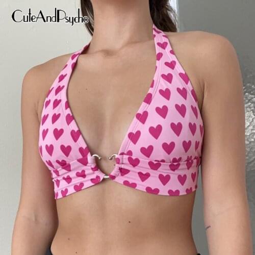 Heart Printed Sexy Hot Bustier Tops Women Backless Harajuku V-neck Crop Halter Tops Lace-up Fashion Aesthetic Tees Cuteandpsycho