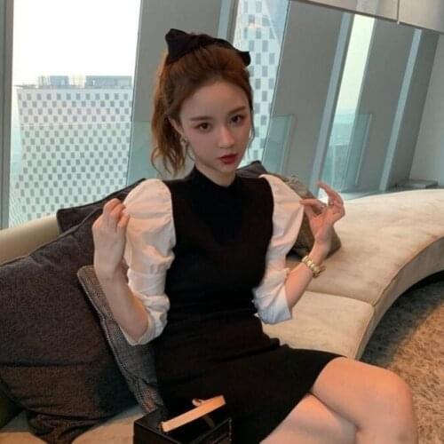 Loose Casual Puff Sleeve Pullover Sweater Women Dresses Trend Colorblock Long Sleeve Package Hip Sweet Mini Dress