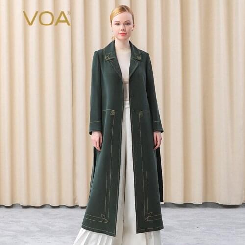 VOA silk Heavy 30m/m Deep Pine Green Long Sleeve Straight Open Line Contrast Embroidered Lapel Mature Woman Windbreaker FE110
