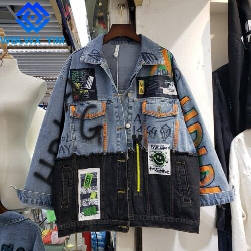 Denim Jacket Women 2021 Spring And Autumn New Stitching Graffiti Stickers Loose Fashion Blue Long Sleeve Kurtka Jeansowa Damska