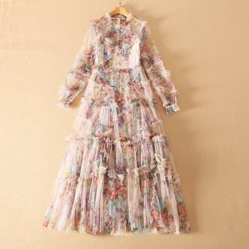 European and American womens wear for spring 2021 Long sleeve collar Laminated mesh printing Fashion pleated dress