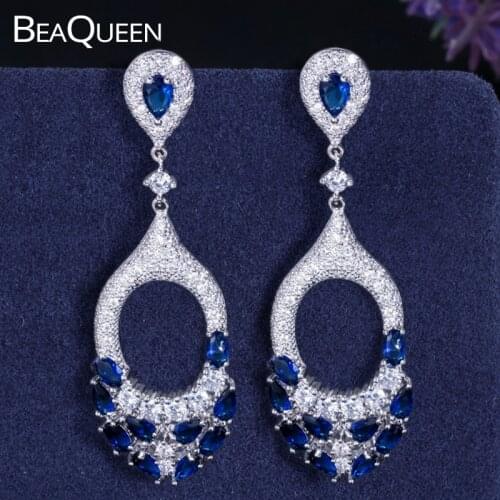 BeaQueen Luxury Cubic Zirconia Stone Micro Pave Big Long Round Drop Dark Blue Wedding Earrings Prom Party Jewelry for Women E321