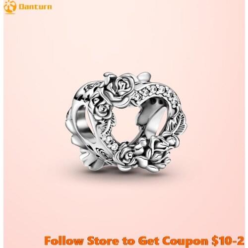 Danturn 925 Sterling Silver Open Heart & Rose Flowers Charm Fit Original Pandora Bracelets for Women Jewelry Gift