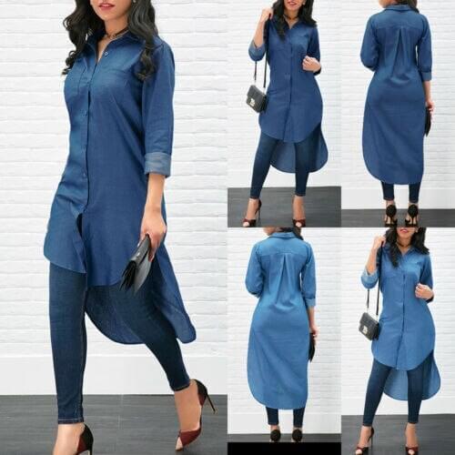 Womens Blue Jeans Denim Irregular Button Irregular Long Sleeve Casual Loose Shirt Button Mini Dress