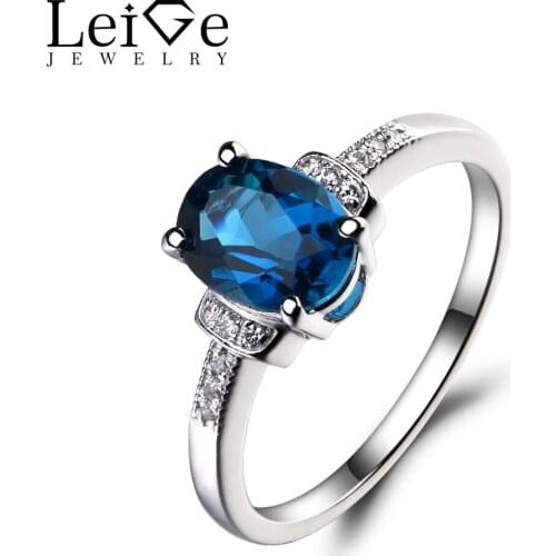 Leige Jewelry London Blue Topaz 925 Sterling Silver Ring Oval Cut Gemstone Birthstone Promise Engagement Rings Jewelry for Women