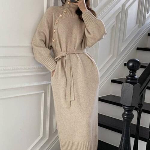 Stylish Winter Turtleneck Buttons Women Knitted Dress Elegant Full Sleeve Lace-up Female Thicken Long Sweater Dress