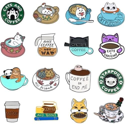 Coffee Theme Big Collection Enamel Pin Custom Cartoon Cup Cats Brooches Animal Lapel Pin Badges Jewelry Gifts All Men And Women