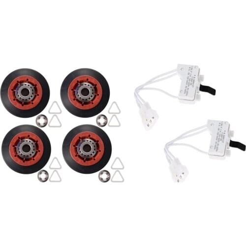 4Pcs 8536974 Dryer Drum Roller & 2Pcs for 3406107 Dryer Door Switch Assembly Replacement Par