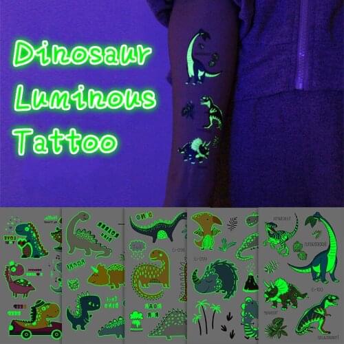 Luminous Tattoo Stickers Kid Temporary Dinosaur Fake Tattoos Set Glow Face Arm Leg for Children Body Art Cute Animal Sticker