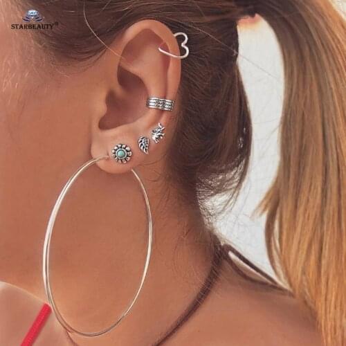 7 pcs/lot Big Hoop Heart Ear Piercing Feather Tragus Earrings Set Helix Piercing Fake Earrings Fake Piercing Ear Jewelry