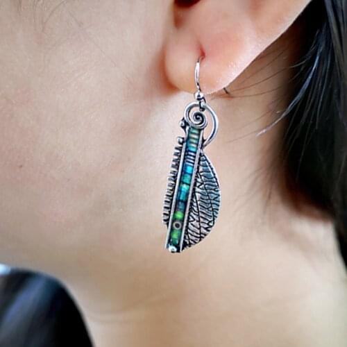 Silver Plated Long Hanging Abstract Rainbow Green Leaf Earrings Creative Serrated Shape Beaded Geometric Metal Dangle Jewelry