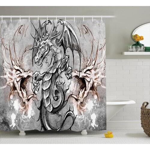 Dragon Shower Curtain Scary Creature in Sketch Stylized Horror Scene Monster Tattoo Art Gothic Picture Home Decor Bath Curtains