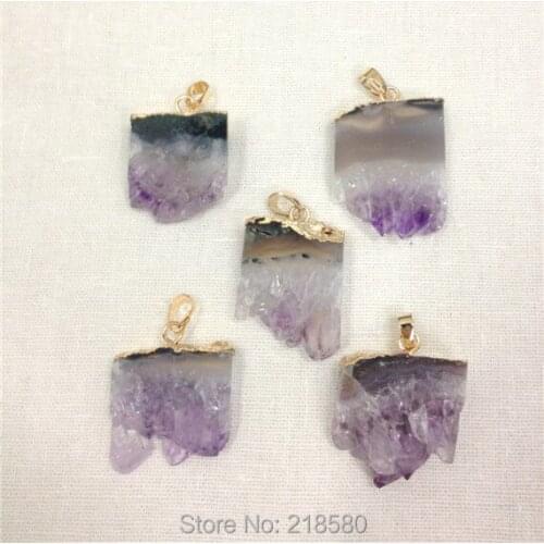 H-AMD42 Raw Druzy Amethysts Druzy Slice Pendant with Gold Electroplated ,Top Plated