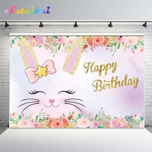Happy Birthday Backdrop Blooming Flowers Photography Background Cute Cat Birthday Party Backdrop Baby Girl Portrait Photo Studio