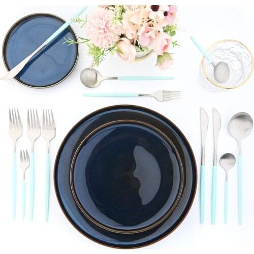 JANKNG 30Pcs Silver Flatware Knife Fork Spoon Dessert Cutlery Green Dinnerware Set Stainless Steel Silverware Matte Tableware