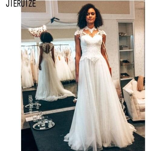 JIERUIZE Modern Wedding Dresses High Neck Cap Sleeve Button Back Lace Appliques A Line Bridal Gowns For Women Vestidos De Noiva