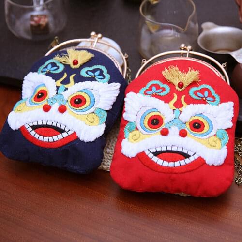 Chinese Awakened Lion Handbag Unfinished Embroidery Kit DIY Handmade Clutch Sewing Cross Stitch Set Arch Metal Purse Bag Frame