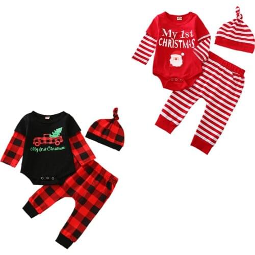 3 Pcs Newborn Stripe / Plaid Outfits Infant Baby Girl Boy Patchwork Sleeve Letter Romper Elastic Waist Trousers and Beanie Set