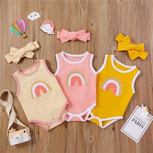 Summer Cute Baby Girls Boys Bodysuits Headband Rainbow Print Sleeveless Strap Jumpsuits 2pcs