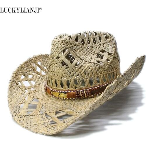 LUCKYLIANJI Womens Mens Unisexs Vintage Wide Brim Straw Sun Beach Cowboy Cowgirl Western Hat Leaf Leather Band (One Size 58cm