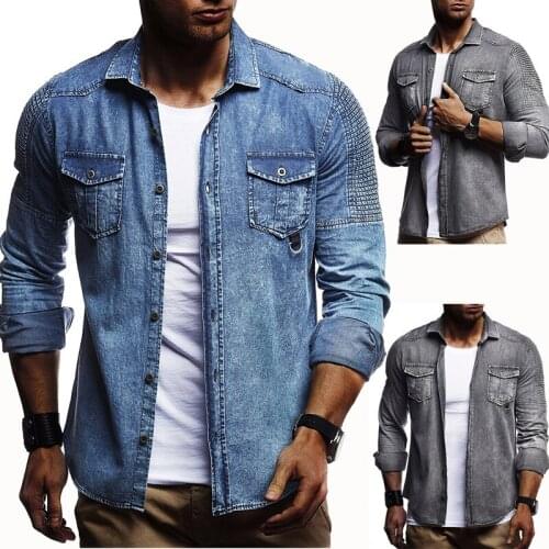 Spring Summer Mens Shirt Casual Denim Shirt Pleated Shoulder With Pockets Jeans Mens Long Sleeve Cotton Casual Cowboy Shirts