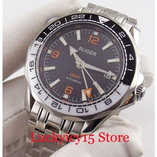 BLIGER Auto Men Watch Sapphire Glass GMT Hand Sapphire Glass Mental Band Self Winding Movement