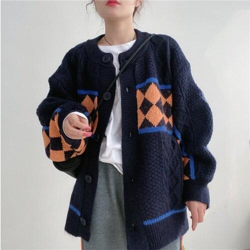 2020 New Style Autumn and Winter Students Loose Outer Wear INS Thickened Rhombus Linen Flower Color Cardigan Sweater