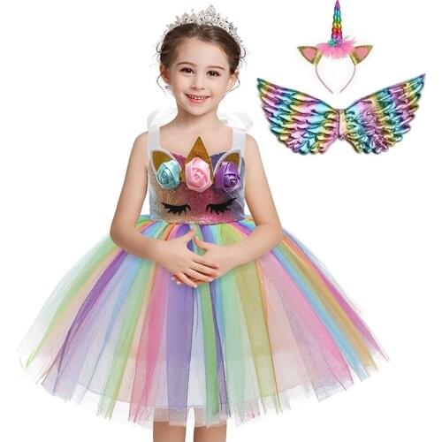 Girls Dress Unicorn Costume Fancy Up Halloween Kids Sequin Pastel Rainbow Tutu Birthday Party Dresses Princess Cosplay Costumes