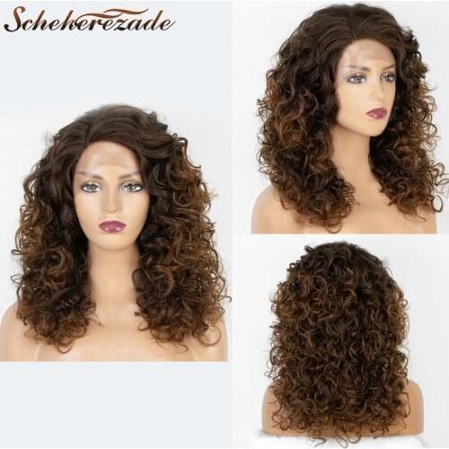 Scheherezade Dark Brown Synthetic Lace Front Wigs For Women Curly Frontal Wig Heat Resistant Fiber Curly Bob Synthetic Lace Wig
