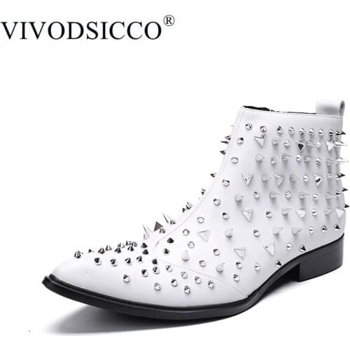VIVODSICCO Fashion Male Genuine Leather Rivet Harness Men Motorcycle Chelsea Boots Ankle PPunk Fashion Boots Side Zip Men Shoes
