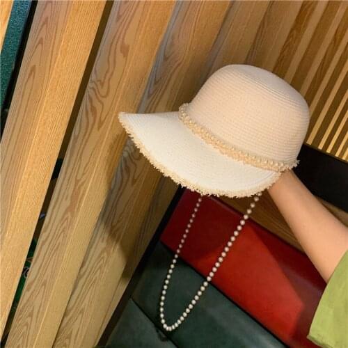 Women Sun Visor Japanese Pearl Chain Decoration White Paper Straw Baseball Hat Fashion Equestrian Hat Quiche baseball Cap Gorros