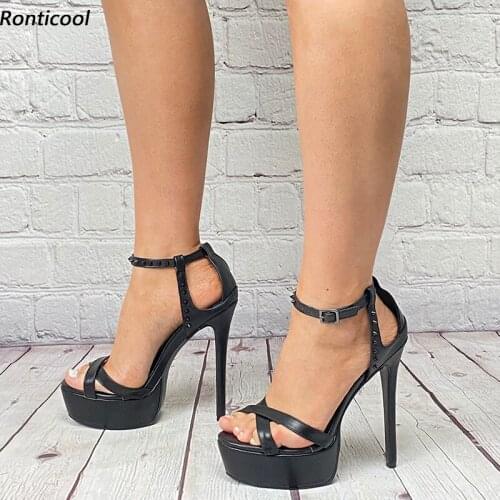 Ronticool Handmade Women Gladiator Sandals Waterproof Sexy Studs Stiletto Heels Open Toe Elegant Black Dress Shoes US Size 5-20