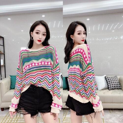 Fashion Rainbow Stripes Knitwear Spring Women Sexy Hollow Out Loose Pullover Tops Retro Contrast Color Oversized Knitted Sweater