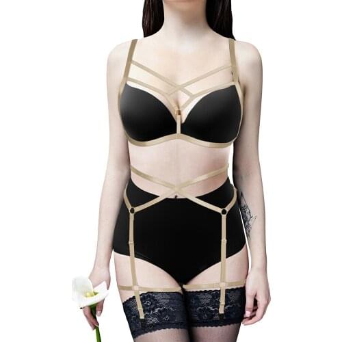 Sexy Body Harness Party Rave Wear Goth Bdsm Garter Belt Hollow Out Erotic Lingerie Stockings Set Womens Underwear Harness Bra