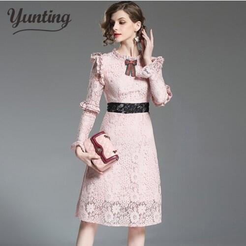Plus Size Women Blue Lace Patchwork Flare Sleeve Dress New 2020 Spring Female Office Lady Dresses Vestido Robe Clothing
