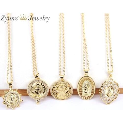 10PCS, Crystal CZ Cubic Zirconia Virgin Mary Pendant Copper Pendants Necklaces Gold Color Chain Jewelry