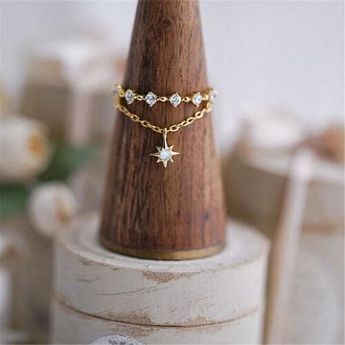 100% 925 Sterling Silver Moonstone Beads Double Layer Chain Open Finger Ring For Women Girls Free Size Zirconia Jewelry Gift