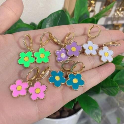 5Pairs Simple Design Enamel flower drop earrings, gold plated enamel charm earrings hoops, gifts for her