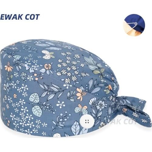 Nurse accessories Cap with buttons flowers print Bouffant Surgicals Caps Head Scarf Pet Lab Dental Nursing Scrubs Hats for women