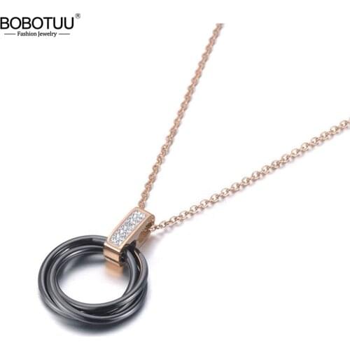 BOBOTUU Original Design Titanium Stainless Steel Black/White Ceramic Crystal Pendant Choker Wedding Necklaces For Women BN19087