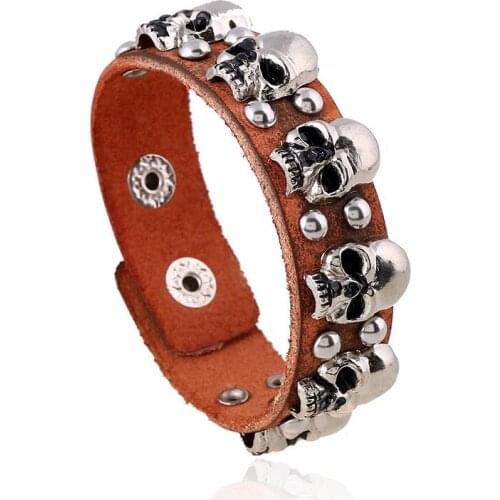 Punk Gothic Rock Skull Leather Bracelet Cuff Alloy Skeleton Rivets Charm Genuine Leather Buckle Bangle Fashion Wristband Jewelry